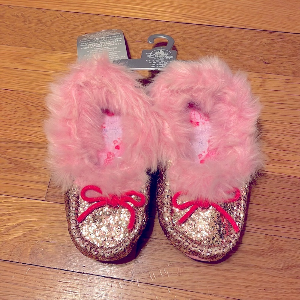 Disney Store Fuzzy Pink Gold Glitter Slippers US toddler 9 / 10